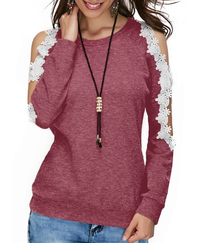 Cold Shoulder Lace Panel Wine Red Blouse